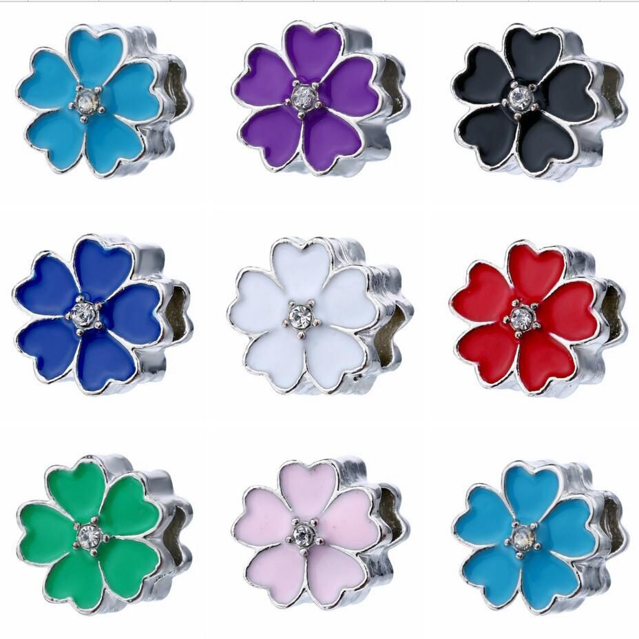 

Wholesale 50PCS Fashion Alloy metal Enamle Rhinestone Flower Beads fit European Charm bracelet DIY Jewelry For Women Girl RHB20