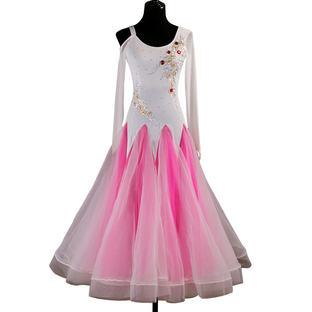 

Ballroom Waltz Dresses Sale Competition Dress Ballroom Dance Costumes Tango Dress Dancing Outfits D0445 Rhinestones Big Sheer Hem Appliques, White