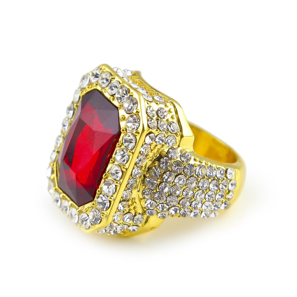 

Men gold color Hip Hop Iced out Red Stone Cz Ring Size Available Woman Ring Mens Fashion Finger Bling bling Hip Hop Ring