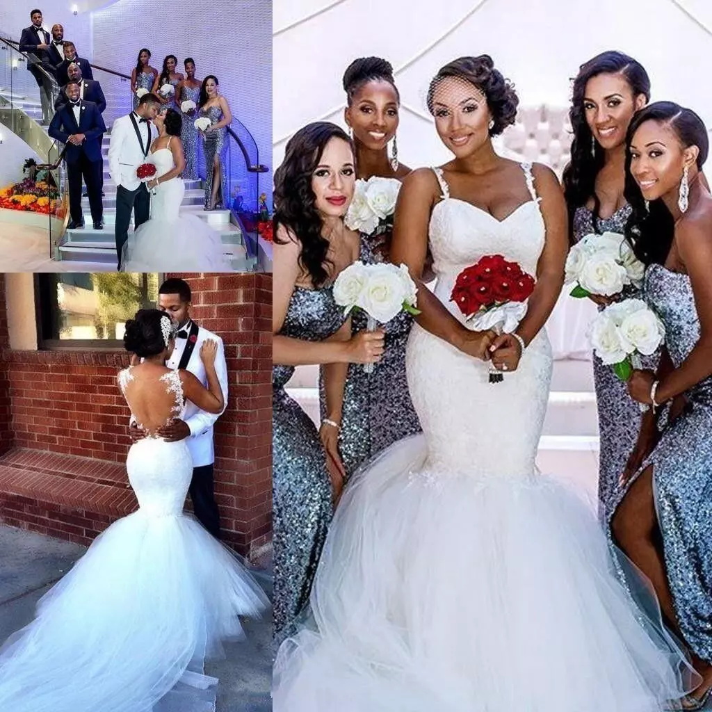 

Spaghetti Mermaid Wedding Gowns White Appliques Lace Tulle Sleeveless Sexy Country Wedding Dress Sweep Train Plus Size Bridal Dress, Silver