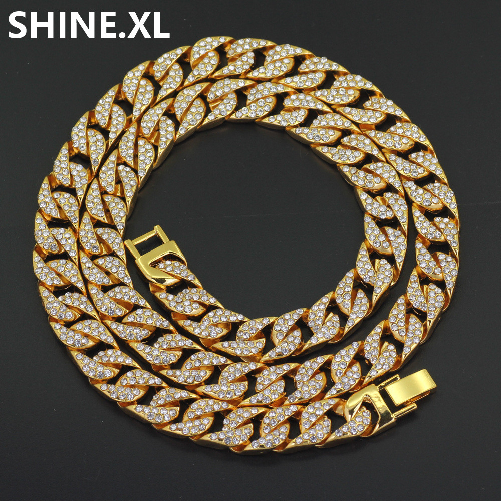 14mm Miami Cuban Link Chain Gold Silver Color Plated Iced Out Bling Rhinestone Men Necklace 30" Party Jewelry