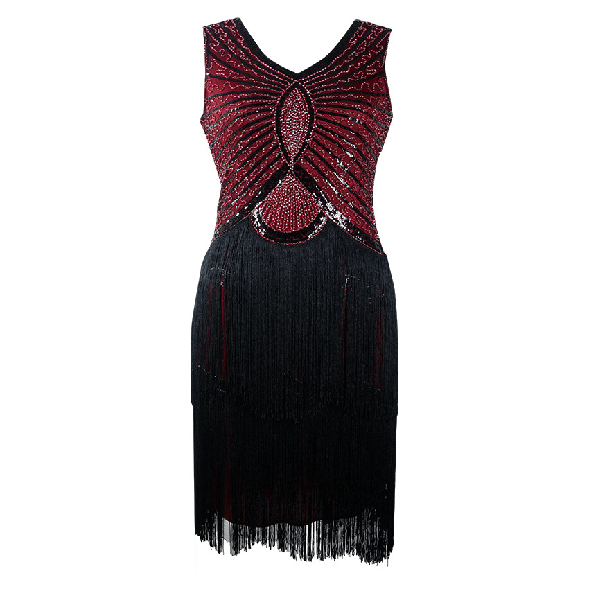 Black V-Neck Long Sleeveless Tassel 1920s Great Gabsty Latin Dance Dress Flapper Girls Sequins Fringe Dresses Pluse Size-image-422003451