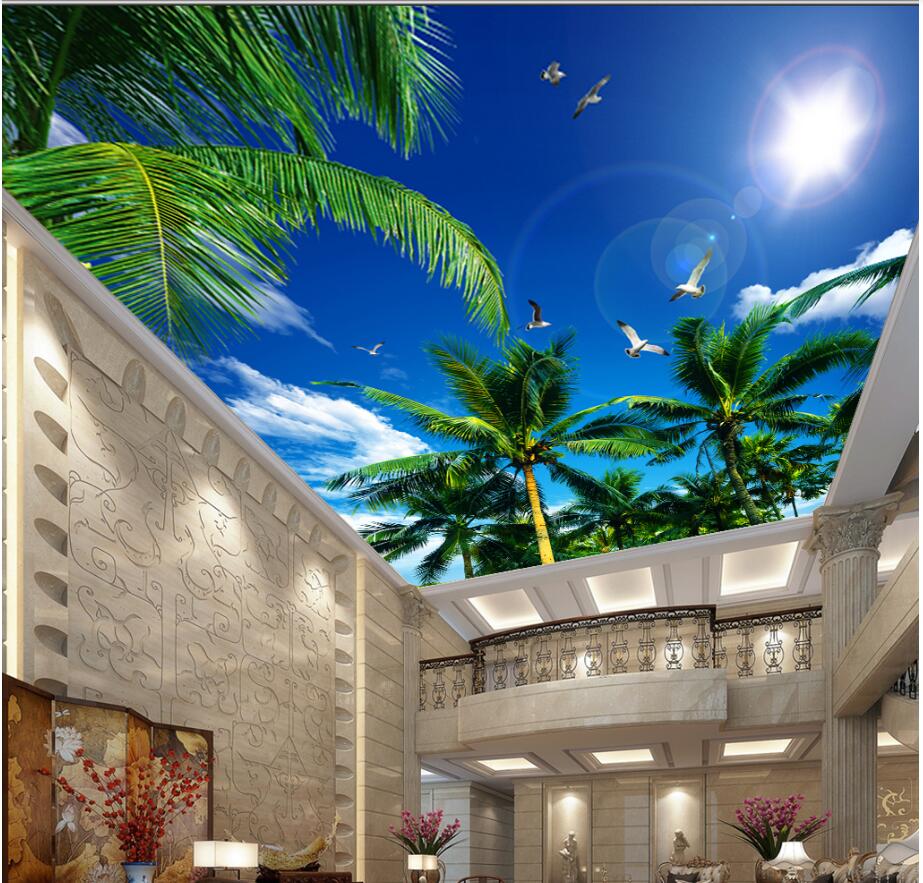 

3d ceiling murals wallpaper custom photo non-woven mural 3d wall murals wallpaper for walls 3d Coconut trees blue sky white clouds seagull, Sky blue