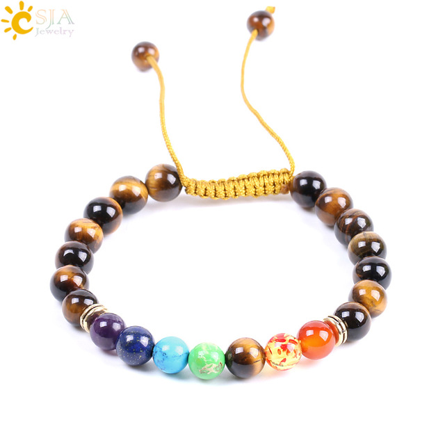 

CSJA 8mm Natural Stone Tiger Eye Bracelets for Women Men 7 Chakra Mala Bead Reiki Healing Meditation Bracelet Braided Rope Adjustable F093, Black