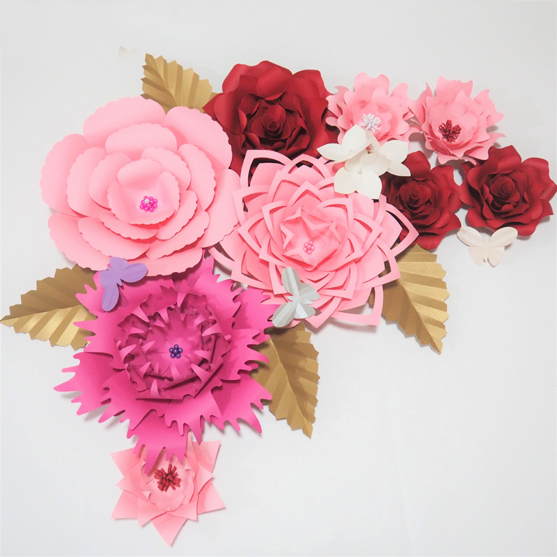 

Hot Mix Giant Paper Flowers 9pcs+1 bunch Hydrangea flowers+4 Leaves+3 Butterflies For Wedding & Event Backdrop Baby Nursery, As picture