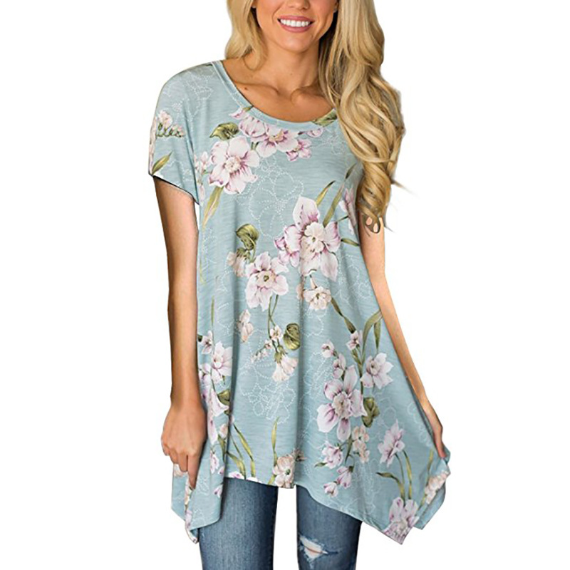 

Summer T Shirt Women Tunic Tops Short Sleeve O-neck Irregular Long T-shirts for Women Loose Plus Size Tunics Tees Camisetas, Peony