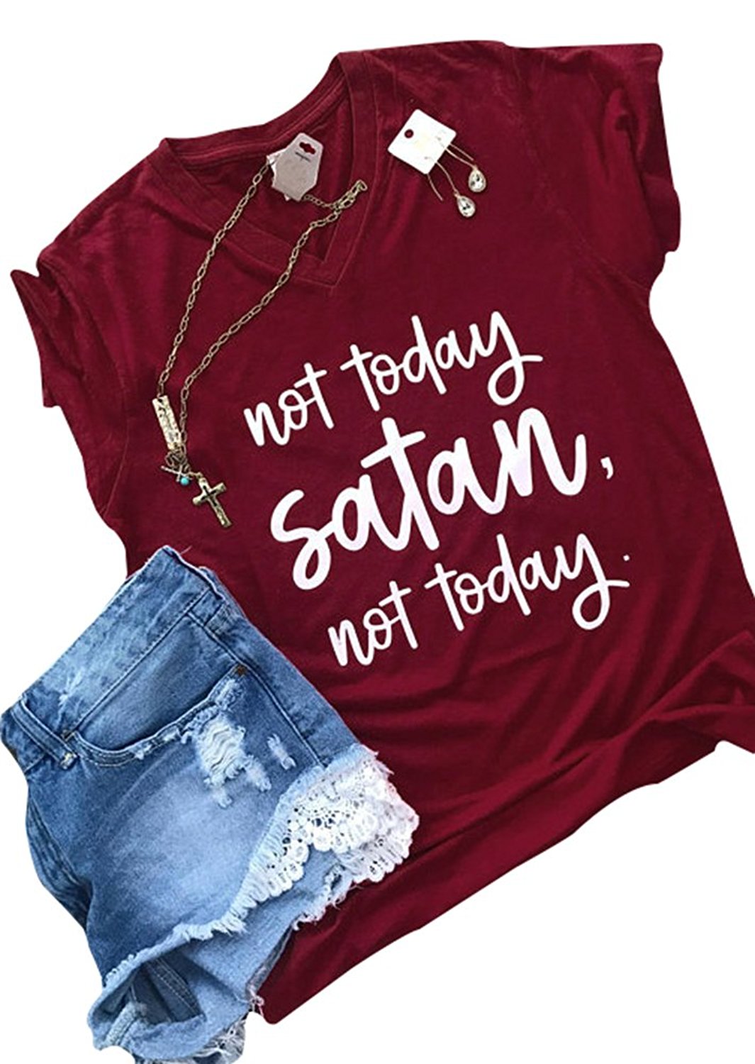 

Womens Short Sleeve T-Shirt Not Today Satan Letters Printed Causal Tops Blouse, Brown