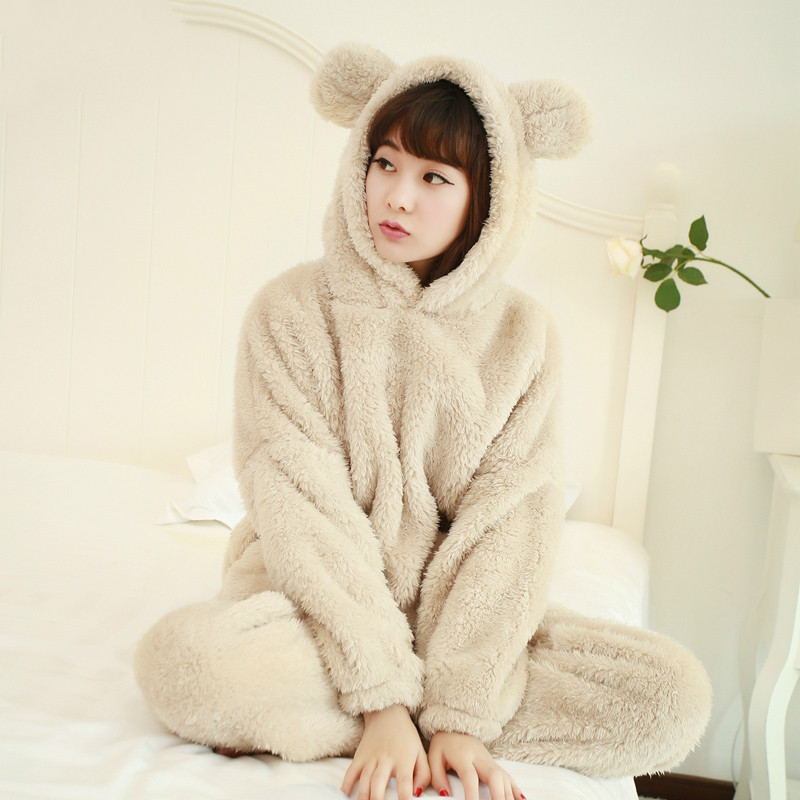 

Flannel Pyjamas Set Women Pajamas Girl Cute Bear Plush Warm Winter Clothes Cartoon Pijama Women Sleepwear with Pockets Outwear, Beige