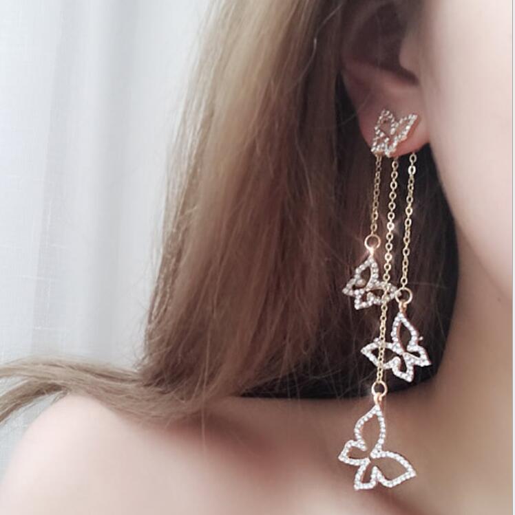 bijoux S925 boucles d'aiguilles en argent sterling pour les femmes dissymétrie longues boucles d'oreilles papillon libre mode chaud de l'expéditi