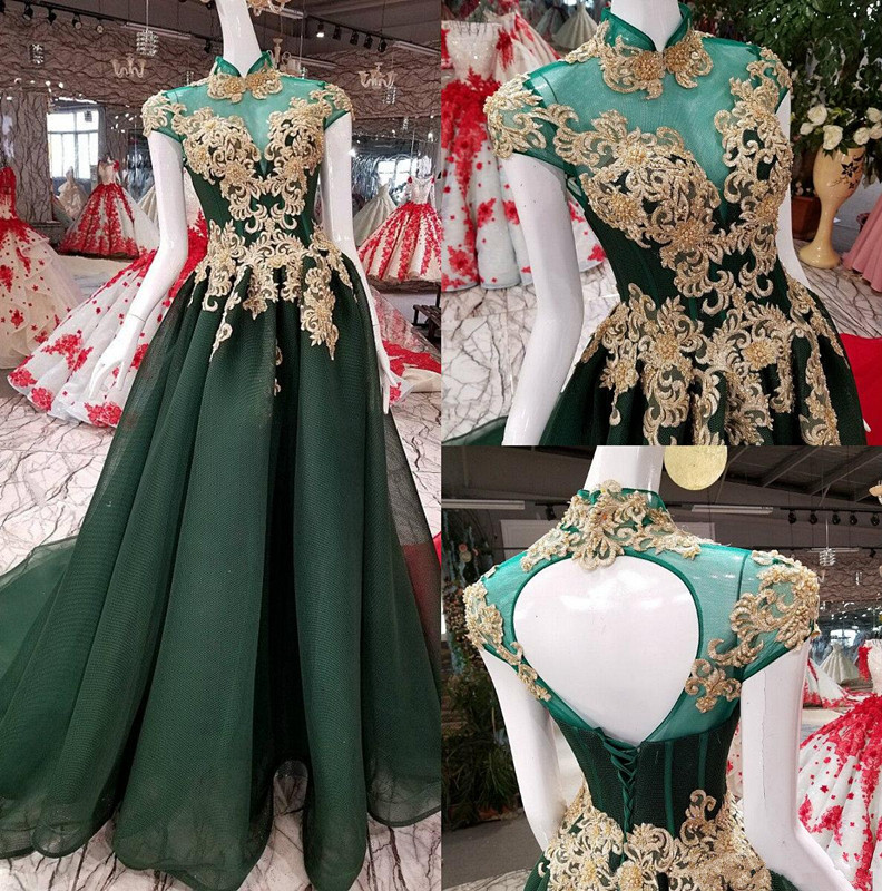 

Green High Neck Evening Dresses Lace Applique Beaded A Line Hollow Back Formal Party Dress Sweep Train Plus Size Evening Gowns, Chocolate