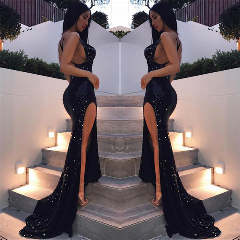 

Sexy Black Sequined Dresses Backless Mermaid Prom Dresses High Side Split Party Evening Wear V Neck Formal Dresses, Gold
