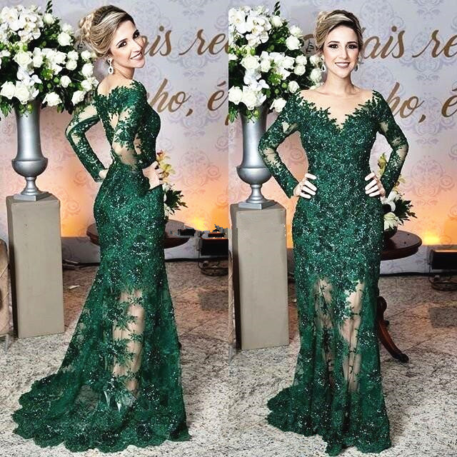 

Sparkly Dark Green Mother of the Bride Dress Long Sleeve Sheer Neck Floor Length Mermaid Bling Evening Dress Wedding Guest Gowns