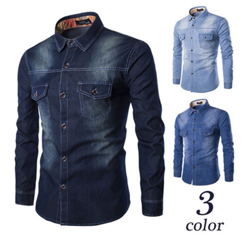 2018 New autumn men's denim shirt casual all-match pure color shirt tops men Breast pocket slim long sleeve lapel cowboy shirts