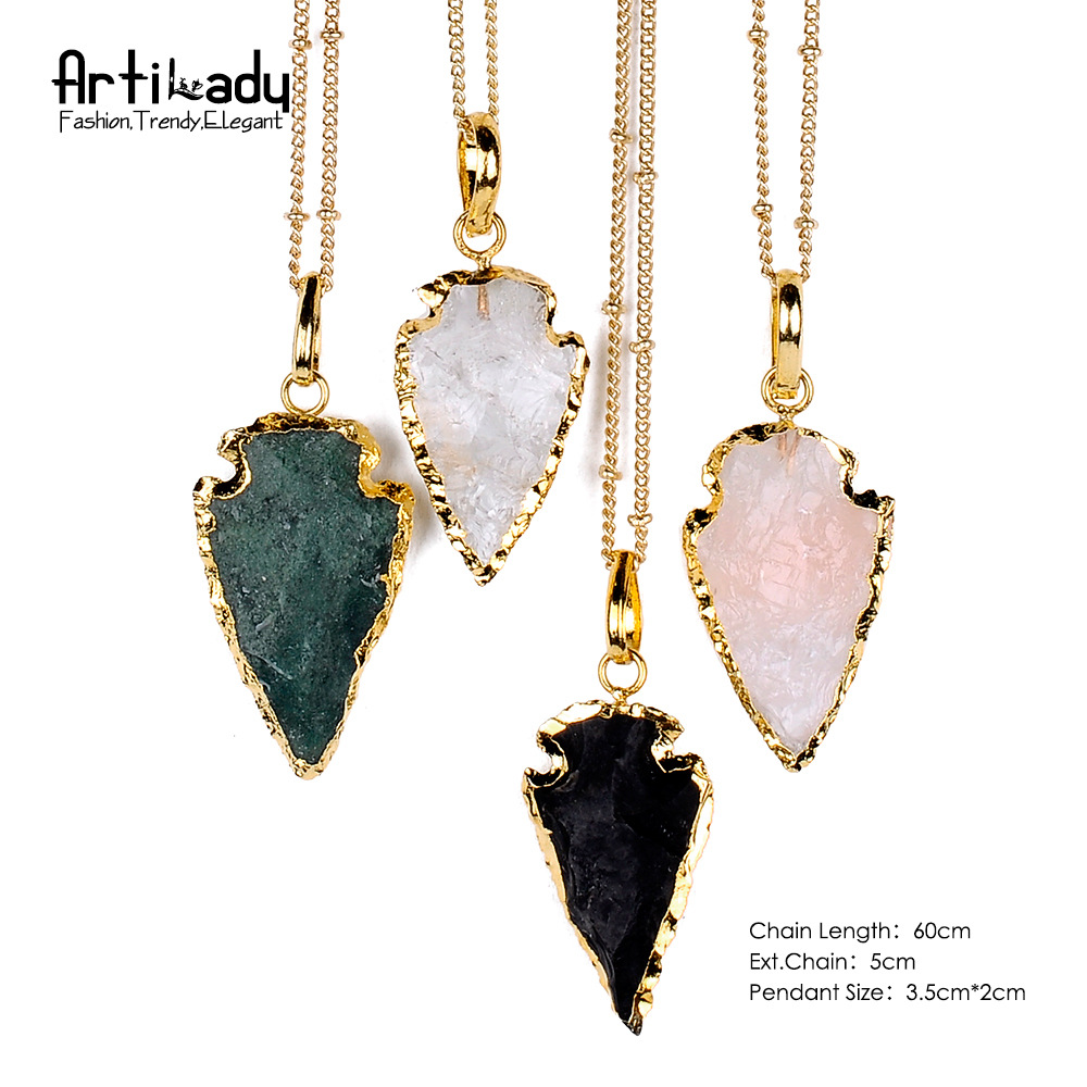 1 Pcs New Arrival Raw Crystal Arrowhead Necklace Rough Colorful Quartz Pendant Boho Silver Color Arrow Head Necklace Gift