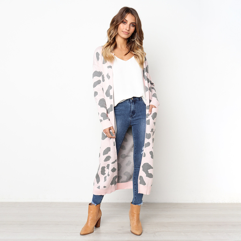 

Leapord Print Sweater Women Cardigan Autumn Winter Long Sleeve Knitted Outwear Casual Loose Long Sweater Jacket Streetwear, Black