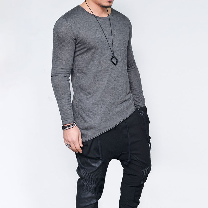 

Fall Mens New Fitness Casual Long Sleeves Bevel Hem Solid Color T-shirt Thin Breathable Slim Fit Bottom Pullover Tops Tee, Black