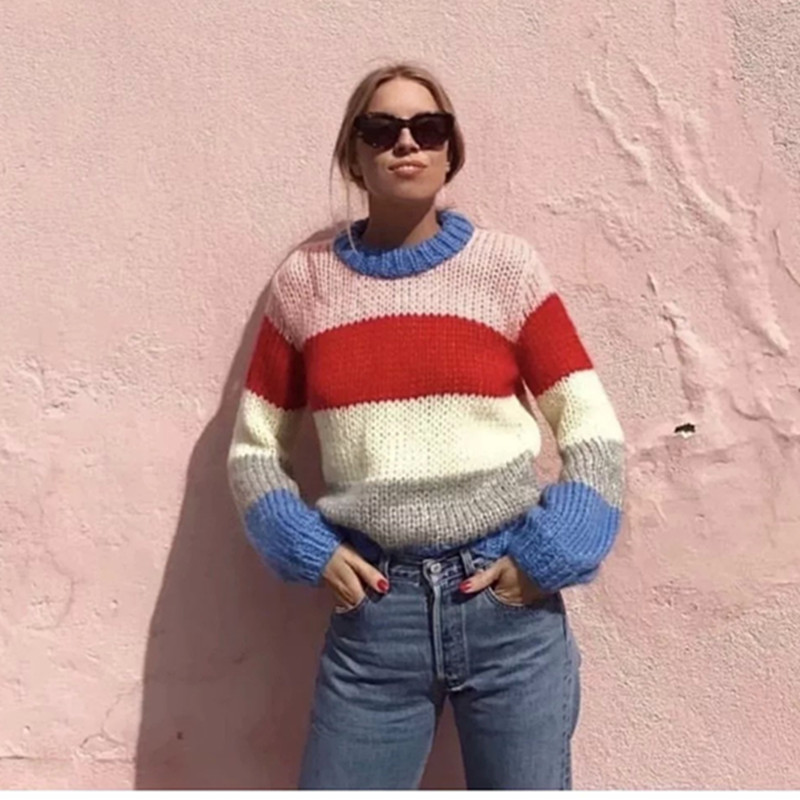 Striped Oversized Women Knitwear 2018 Brand New O-neck High Street Knitted Pullover Women Autumn Ladies Sweaters cws0080-5