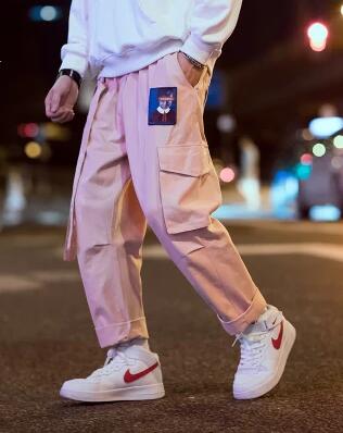 

Men Joggers Hip Hop Harem Sweat Pants Male Ribbons Letter Embroidery Casual Trousers Popular Pink Cargo Pants, Black