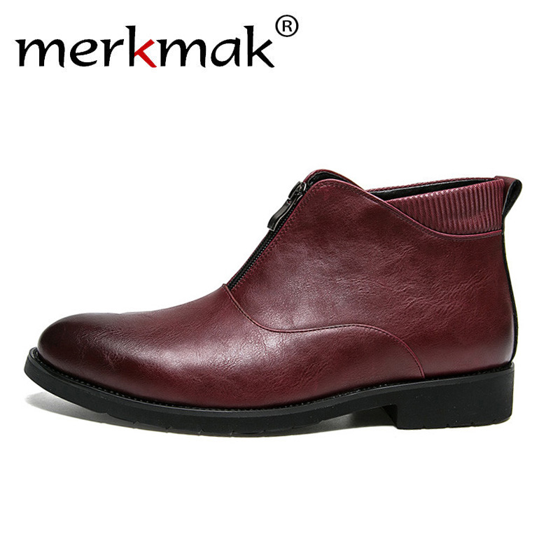 

Merkmak Boots Fashion Zip Ankle Boot For Man Autumn Spring Winter Vintage British Style Men's Footwear Red, Black martin boots