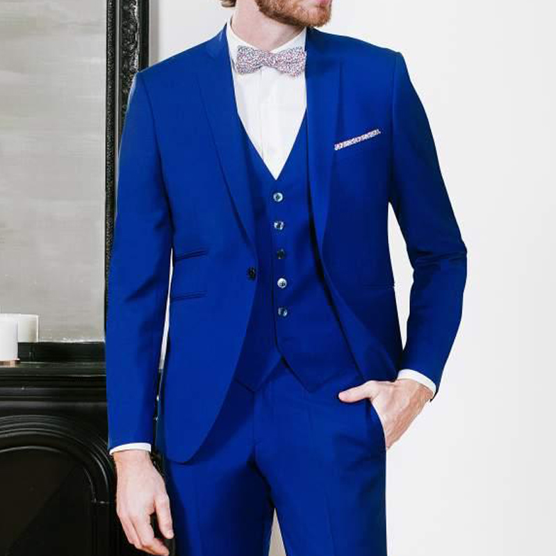 Royal Blue Three Piece Groom Wedding Tuxedos Notched Lapel One Button Classic Fit Business Men Suits 2018 Jacket Pants Vest