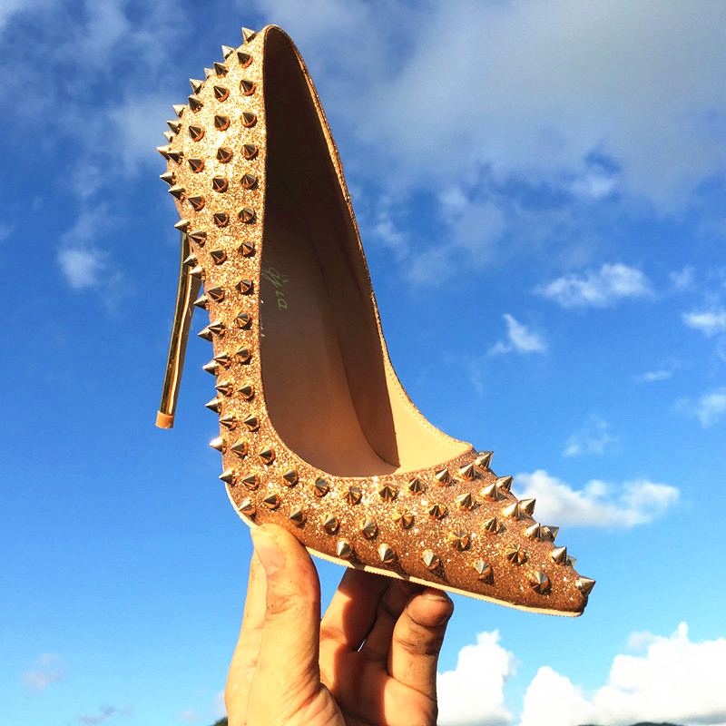 

2018 Fashion Red Bottom Shoes New Arrival High Heels Dress/party Shoes Super Stiletto High Heel Rivets Pumps size EU 34 to 45, Gold 10cm