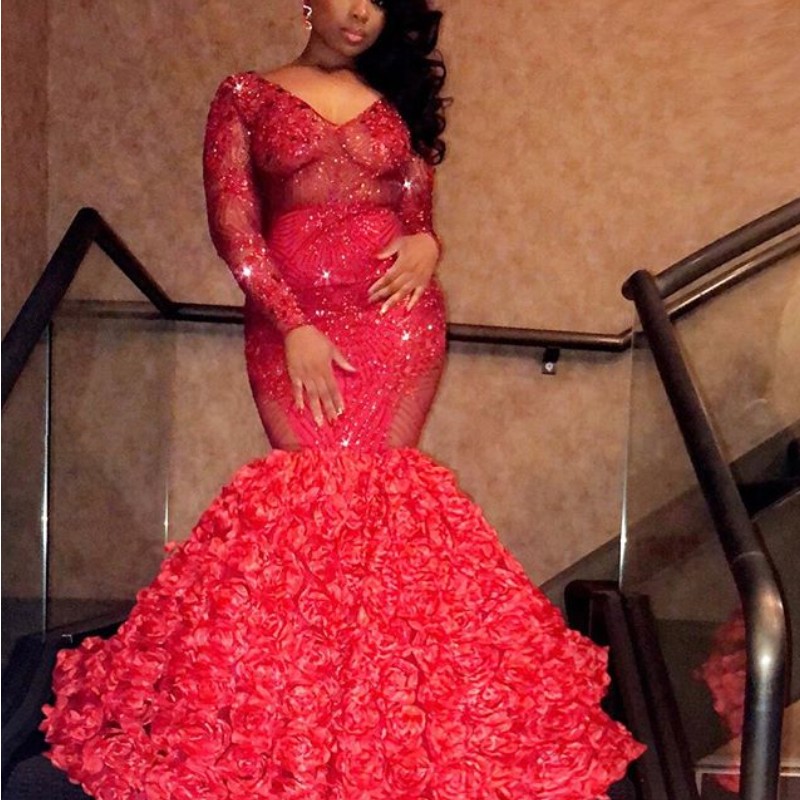 

Plus Size Mermaid Prom Dresses Shinning Beads Sequins V-Neck Long Sleeve See Through Party Dress Sexy Vestidos De Fiesta 2K18 Prom Dress, Orange