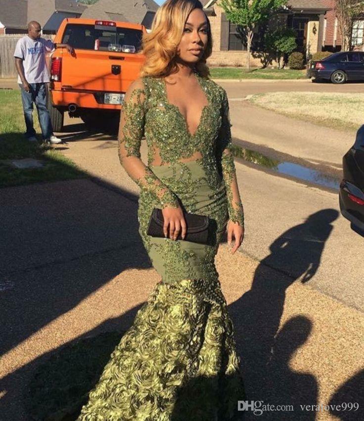 

2018 Prom Dresses with Long Sleeves Mermaid Arabic Prom Dresses Long 3D Froal Flower V-Neck Evening Dress, Light sky blue