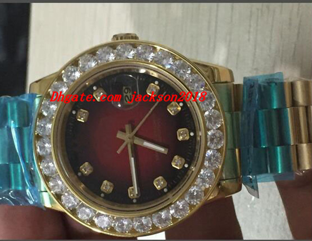 

luxury watches men 36mm 18k gold red bigger diamond dial & bezel quickset 2yr automatic men's watch wristwatch, Slivery;brown