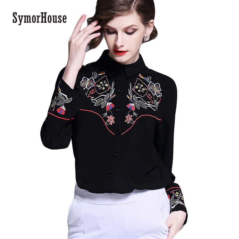 

SymorHouse Embroidery Women Top Long Sleeve Work Vintage Blouses Loose Casual Shirt Turn-down Collar Cotton Blouse Autumn Blusa, Black