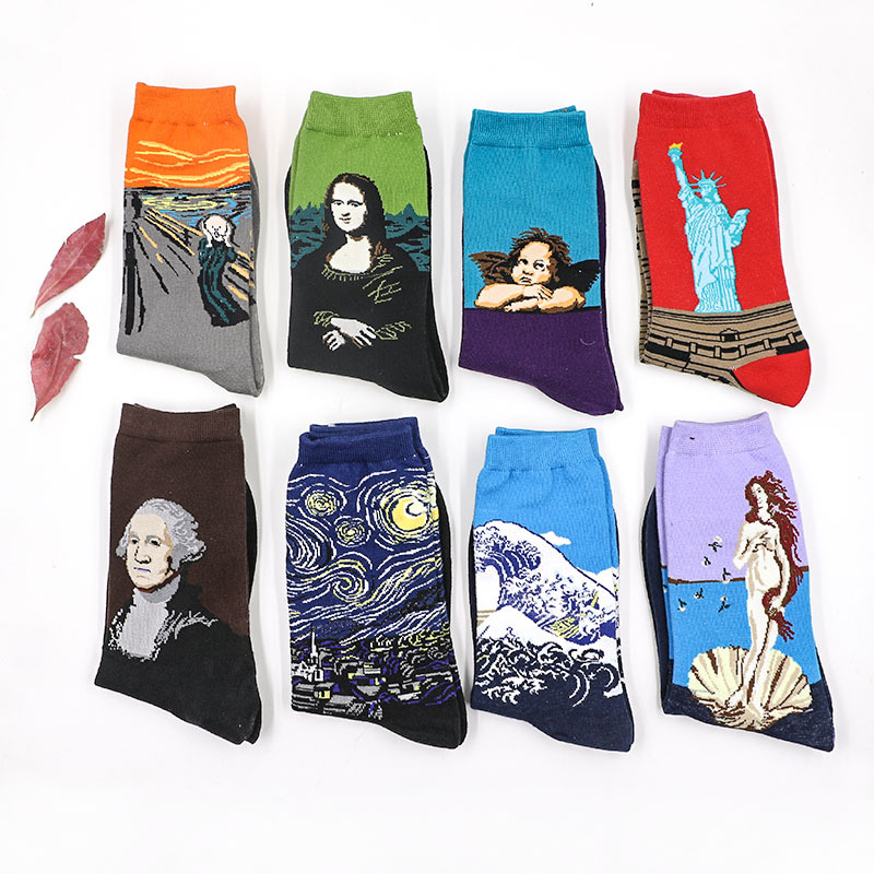 

Novelty Famous Oil Painting Art Socks Women's Men's Street Graffiti Van Gogh Mona Lisa Long Sock Winter Autumn Cotton socks for men, Black