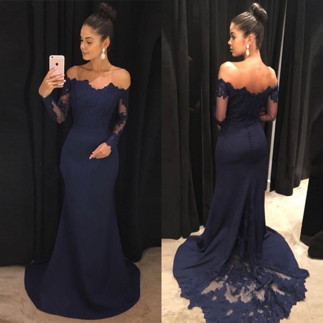 

Dark Navy Long Sleeve Evening Dresses Off Shoulder Lace Sweep Train Satin Mermaid Formal Prom Party Gowns, Pink