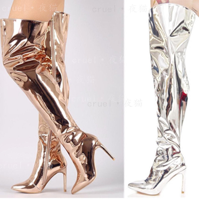 

2018 wholesale high end customize New stage catwalk knee boots silver/gold/black mirror shiny leather high heel boots