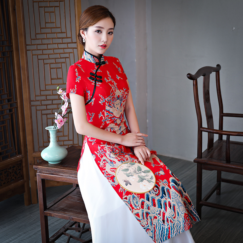 

New Folk style vietnam traditional ao dai ethnic robe graceful stand collar elegant improved qipao dragon pattern long women cheongsam dress