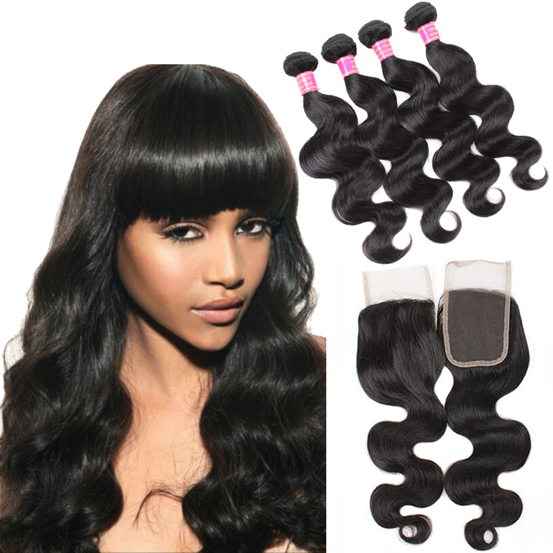 

Wholesale Cheap 8A Brazilian Body Wave Human Hair Weaves Extensions 4 Bundles with Closure Free/Middle/3 Part Double Weft Dyeable Bleachable, Natural color
