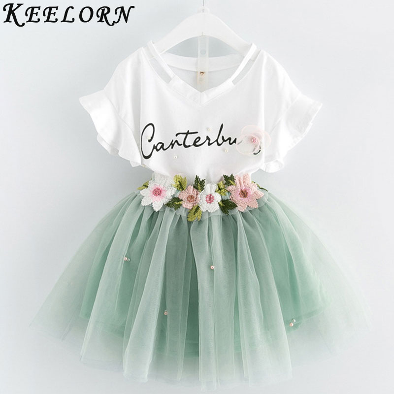 

Keelorn Girls Clothing Sets 2017 Summer Girls Clothes Butterfly Sleeve Letter T-shirt+Floral Volie Skirts 2Pcs Princess Dress, Green