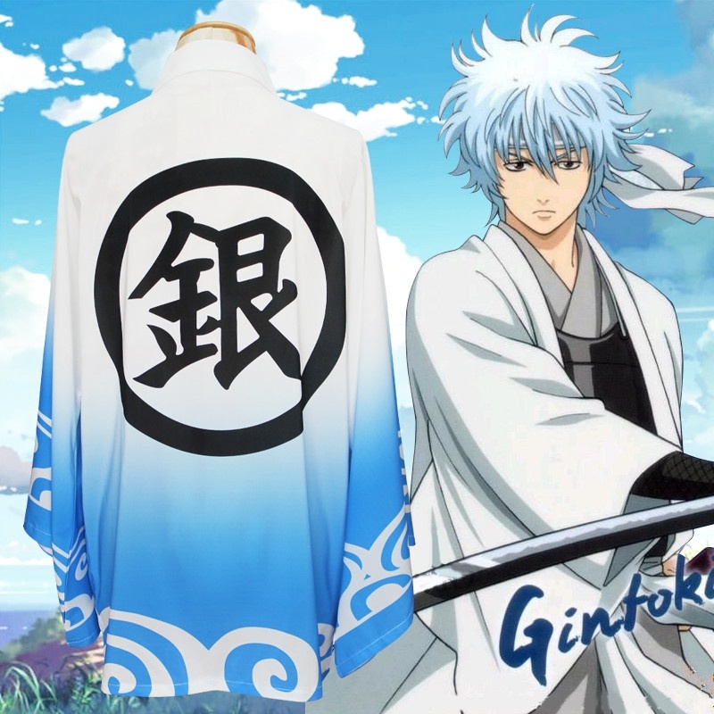 

Japan Anime Gintama Sakata Gintoki Blue Cosplay Unisex Costume Haori Chiffon Bathrobe Kimono Pajamas Cloak, Black