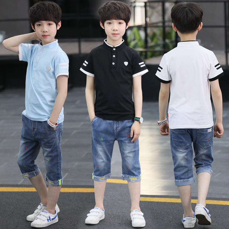 

Kids Boys summer suits Chinese children shirt collar and short sleeves of two sets of 2018 new boys wholesale kids clothing, Black