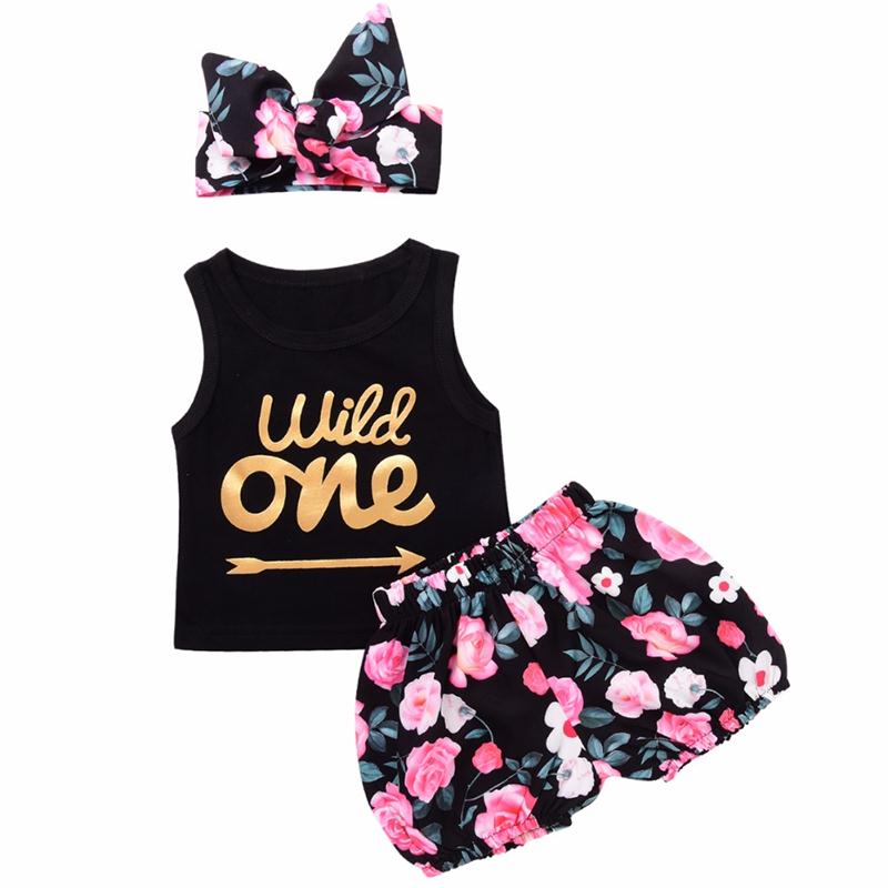 

Girls Wild One Printing set baby gold letter Vest + Floral Shorts Headband 3PCS Baby arrow vest Outfits, Black