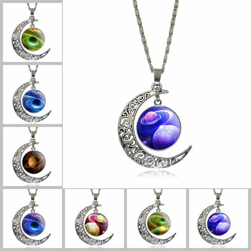 

universe Sky Stars moon time gem necklace Glass Cabochon pendants necklaces fashion jewelry for women girls Children Christmas gift