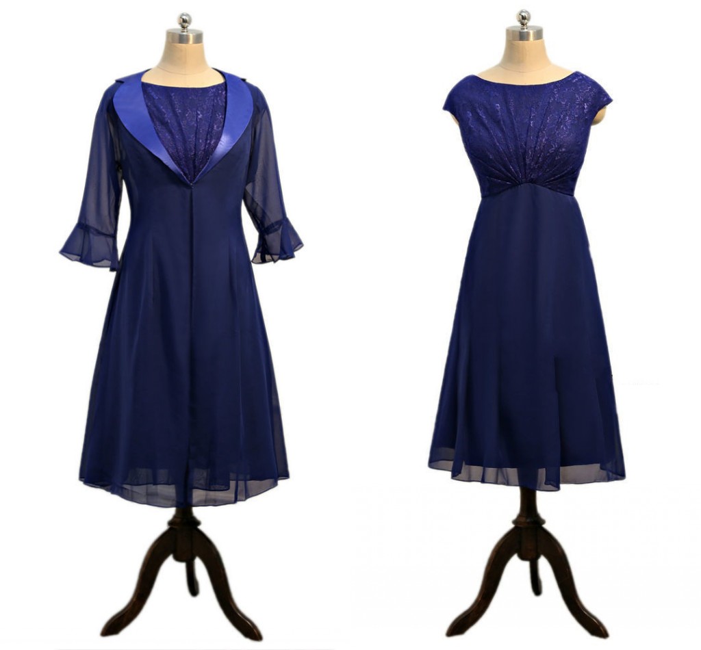 

Unique Designer Navy Blue Short Mother of the Bride Groom Dresses Plus Size Chiffon Long Jacket Lace Chiffon Skirt Knee Length Wedding Guest