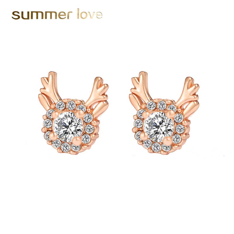

New creative reindeer snowflake zircon stud earrings for women kids temperament small elk copper earrings christmas antler jewelry gift