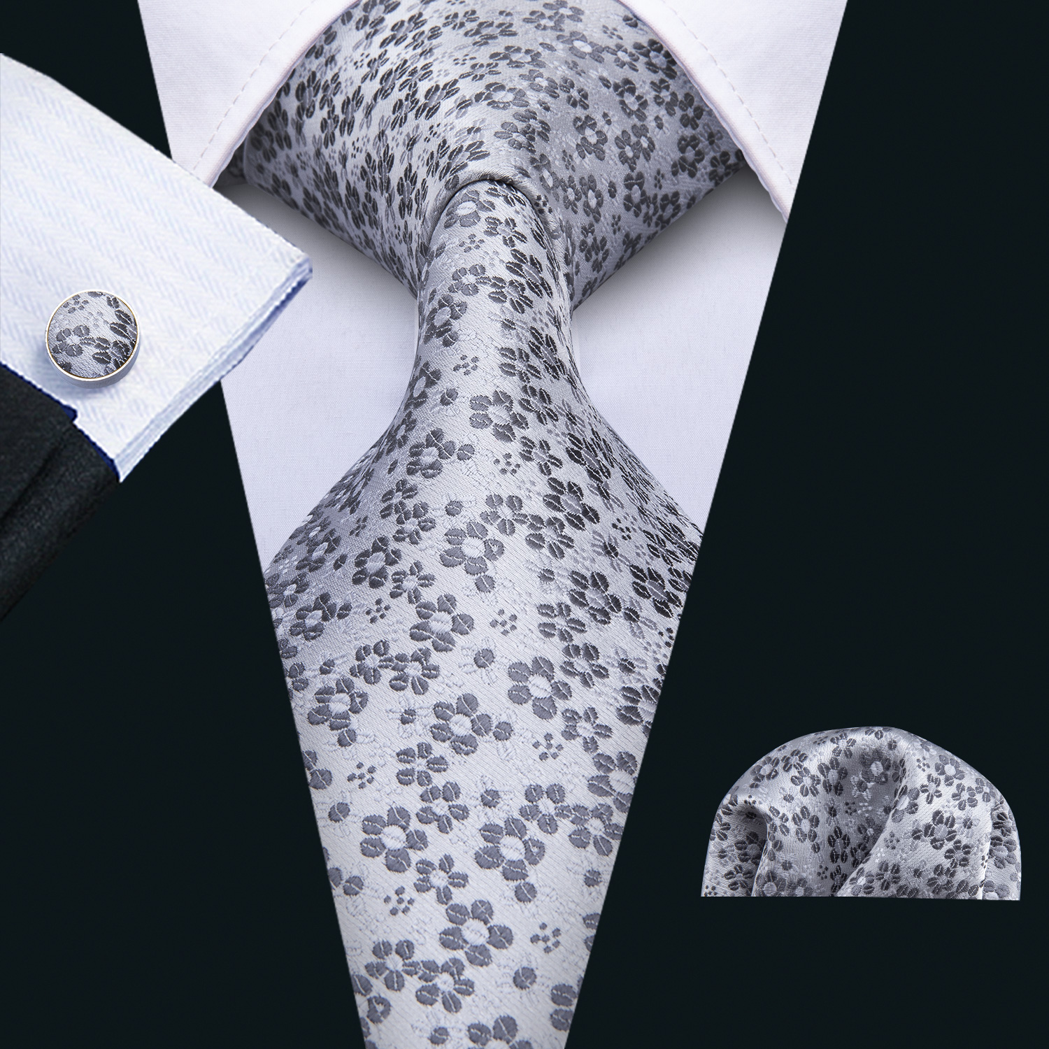 

Mens Tie Grey tie with white flowers with Cuffs and Handkerchief Wedding Casual Party Necktie Freeing shipping N-5037, Black;blue