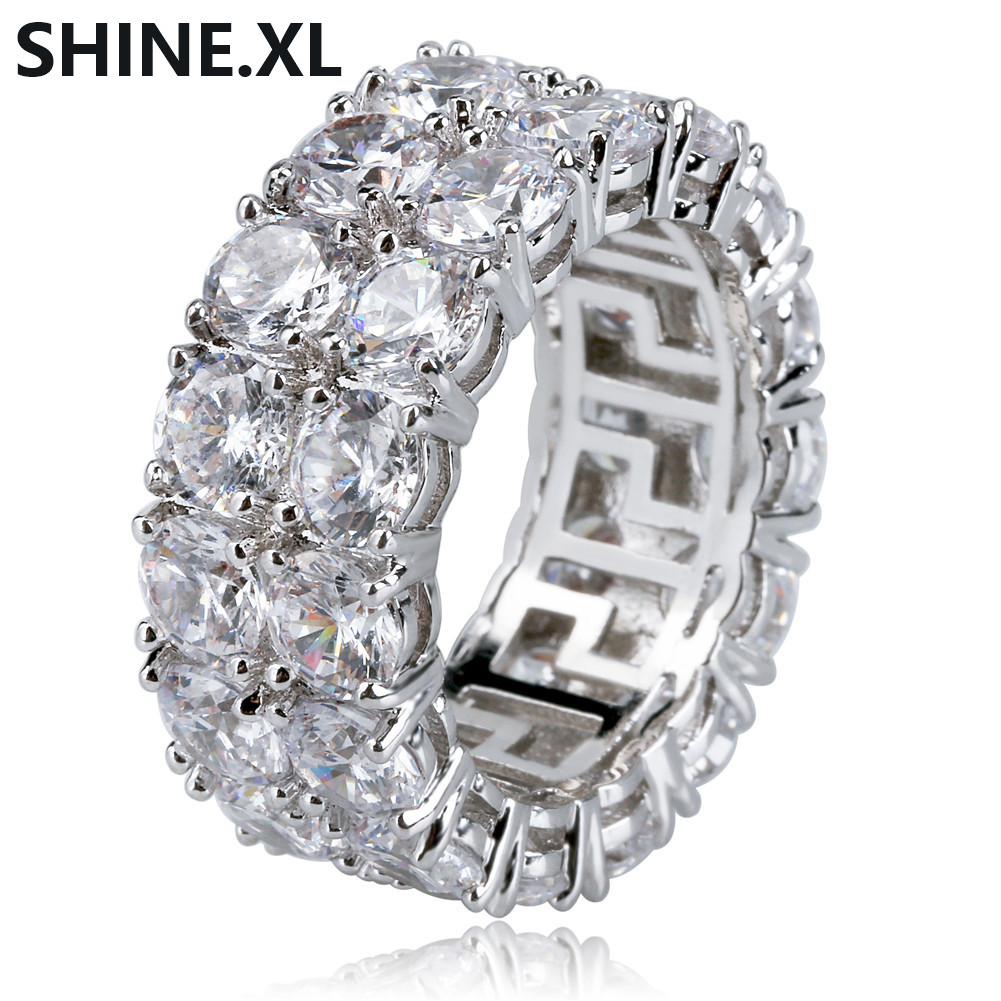 Hip Hop Iced Out Finger Ring for Men Women Gold Silver Color Plated Ring Micro Paved 2 Row Chain Shiny Big Zircon