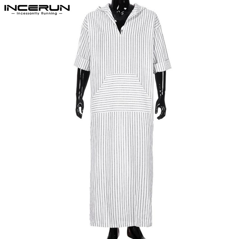 

Arab Clothes Men Robe Islamic Arabe Bathrobe Kaftan Long Dress Full Length Robe White Stripe Lounge Gown Saudi Arabia Hombre