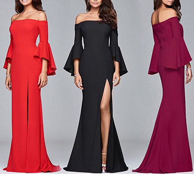 

Sexy 2018 Off Shoulder Elastic Stain Poet Sleeves Evening Dresses Split 3/4 Sleeves Mermaid Prom Gowns Simple Formal Party Dress, Gold