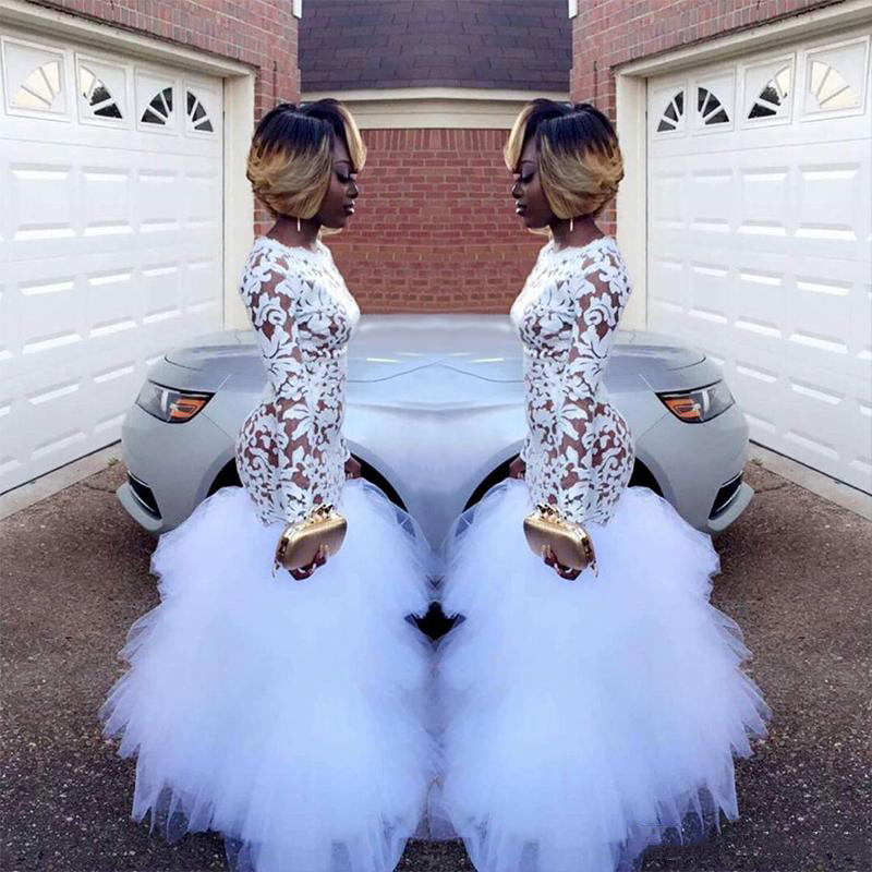 

African White Lace Mermaid Prom Dresses Black Girls Long Sleeves Ruffles Tulle Floor Length Plus Size Evening Wear Prom Gowns Vestidos