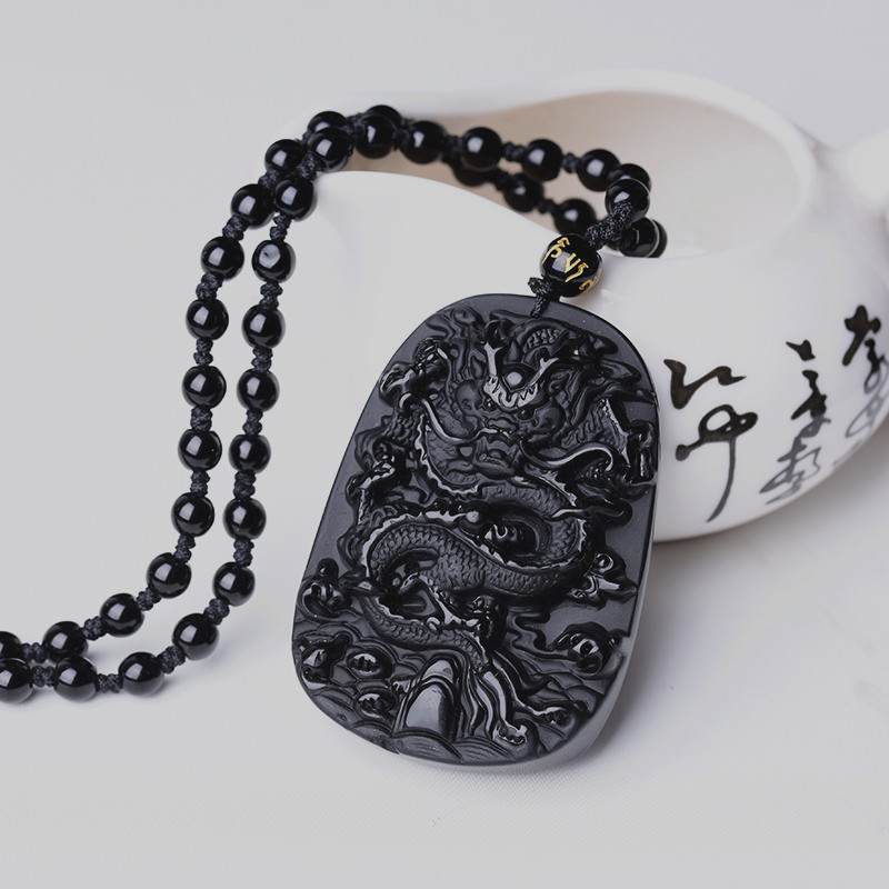 

Drop Shipping Black Obsidian Dragon Necklace Pendant Jade Pendant Jewelry Lovers Pendant Lucky Amulet, Silver