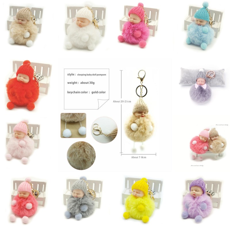 

Fashion Fur Ball Doll Keychain Sleeping Baby Foot and Hand Doll Pompom Rabbit Fur Key Chain Car Keyring