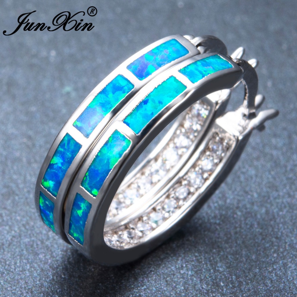 

whole saleJUNXIN Female Round Hoop Earrings Blue Opal Earrings 925 Sterling Silver Filled For Women Fashion Jewelry
