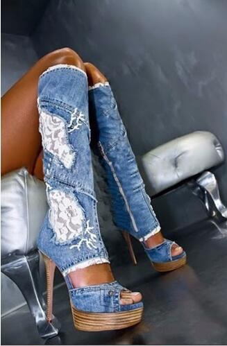 

Woman Platform Wedge Boots Denim Blue Lace Flower Knee High Sexy Open Toe Cutouts Sandal Boots Summer High Heel Boots, As picture